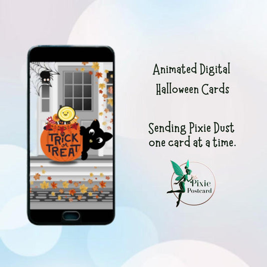 Happy Halloween Cat Trick - Animated Digital Card - Pixie Postcard - Greeting card for Texting and Emailing
