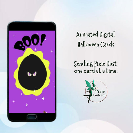 Happy Halloween Boo Witch - Animated Digital Card - Pixie Postcard Greeting cards for Texting and Emailing