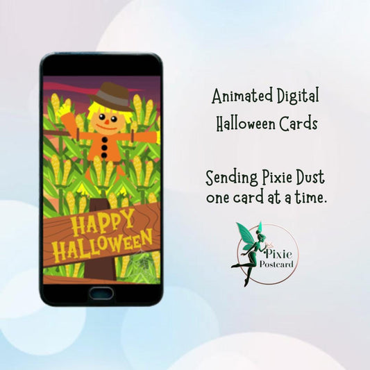 Happy Halloween Scarecrow- Animated Digital Card - Pixie Postcard - Greeting Cards