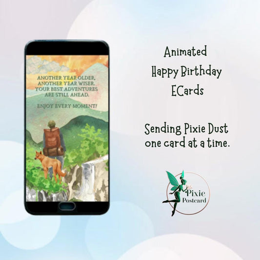 Animated Happy Birthday ECard for Texting - Hiking Dreams